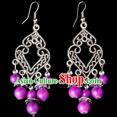Traditional Chinese Miao Nationality Crafts, Yunnan Hmong Handmade Purple Beads Long Tassel Earrings Pendant, China Ethnic Minority Eardrop Accessories Earbob Pendant for Women