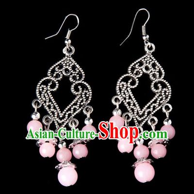 Traditional Chinese Miao Nationality Crafts, Yunnan Hmong Handmade Pink Beads Long Tassel Earrings Pendant, China Ethnic Minority Eardrop Accessories Earbob Pendant for Women