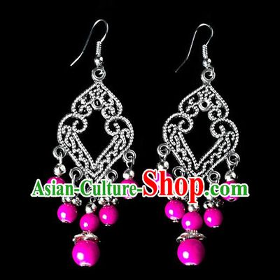 Traditional Chinese Miao Nationality Crafts, Yunnan Hmong Handmade Rose Beads Long Tassel Earrings Pendant, China Ethnic Minority Eardrop Accessories Earbob Pendant for Women