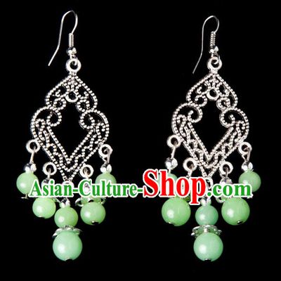 Traditional Chinese Miao Nationality Crafts, Yunnan Hmong Handmade Green Beads Long Tassel Earrings Pendant, China Ethnic Minority Eardrop Accessories Earbob Pendant for Women