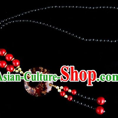 Traditional Chinese Miao Nationality Crafts, China Handmade Beads Red Coloured Glaze Sweater Chain, China Miao Ethnic Minority Necklace Accessories Pendant for Women