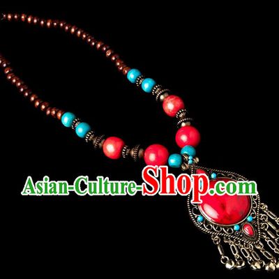 Traditional Chinese Zang Nationality Crafts, China Handmade Tibet Beads Red Drop-shaped Tassel Sweater Chain, Tibetan Ethnic Minority Necklace Accessories Pendant for Women