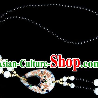 Traditional Chinese Zang Nationality Crafts, China Handmade Tibet Coloured Glaze Beads White Drop-shaped Tassel Sweater Chain, Tibetan Ethnic Minority Necklace Accessories Pendant for Women