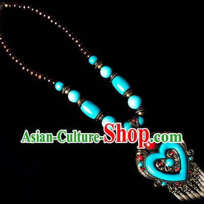Traditional Chinese Zang Nationality Crafts, China Handmade Tibet Blue Beads Heart-shaped Tassel Sweater Chain, Tibetan Ethnic Minority Necklace Accessories Pendant for Women