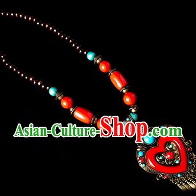 Traditional Chinese Zang Nationality Crafts, China Handmade Tibet Red Beads Heart-shaped Tassel Sweater Chain, Tibetan Ethnic Minority Necklace Accessories Pendant for Women