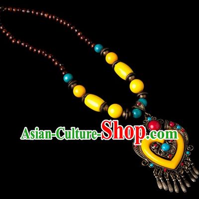 Traditional Chinese Zang Nationality Crafts, China Handmade Tibet Yellow Beads Heart-shaped Tassel Sweater Chain, Tibetan Ethnic Minority Necklace Accessories Pendant for Women