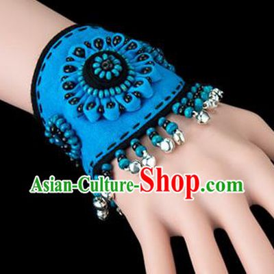 Traditional Chinese Miao Nationality Crafts, Yunan Hmong Handmade Flowers Bracelet Blue Cuff Bells Hand Decorative, China Miao Ethnic Minority Bangle Accessories for Women