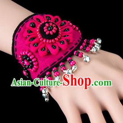 Traditional Chinese Miao Nationality Crafts, Yunan Hmong Handmade Flowers Bracelet Pink Cuff Bells Hand Decorative, China Miao Ethnic Minority Bangle Accessories for Women