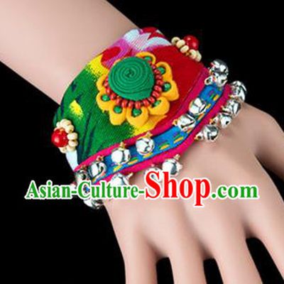 Traditional Chinese Miao Nationality Crafts, Yunan Hmong Handmade Flowers Bracelet Green Cuff Bells Hand Decorative, China Miao Ethnic Minority Bangle Accessories for Women