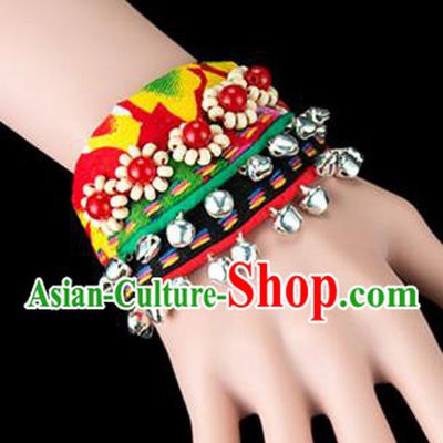Traditional Chinese Miao Nationality Crafts, Yunan Hmong Handmade Beads Bracelet Green Cuff Bells Hand Decorative, China Miao Ethnic Minority Bangle Accessories for Women