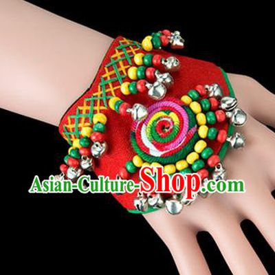 Traditional Chinese Miao Nationality Crafts, Yunan Hmong Handmade Red Fabrics Bracelet Cuff Bells Hand Decorative, China Miao Ethnic Minority Bangle Accessories for Women