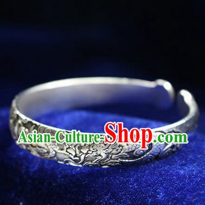 Traditional Chinese Miao Nationality Crafts Jewelry Accessory Bangle, Hmong Handmade Miao Silver Dragon-Phoenix Bracelet, Miao Ethnic Minority Silver Bracelet Accessories for Women