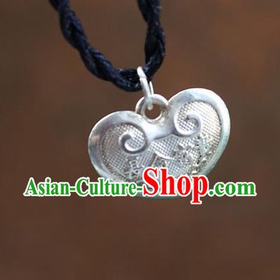 Traditional Chinese Miao Nationality Crafts Jewelry Accessory, Hmong Handmade Miao Silver Bells Heart-Shaped Pendant, Miao Ethnic Minority Necklace Accessories Sweater Chain Pendant for Women