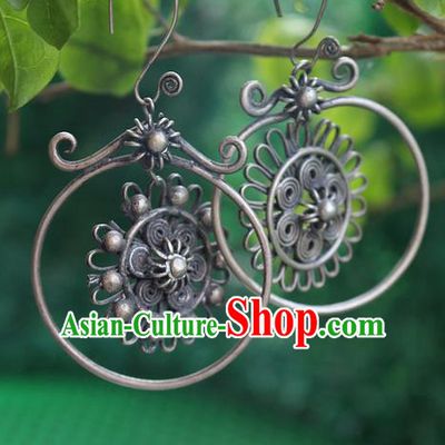 Traditional Chinese Miao Nationality Crafts Jewelry Accessory Classical Earbob Accessories, Hmong Handmade Miao Silver Palace Earrings, Miao Ethnic Minority Eardrop for Women