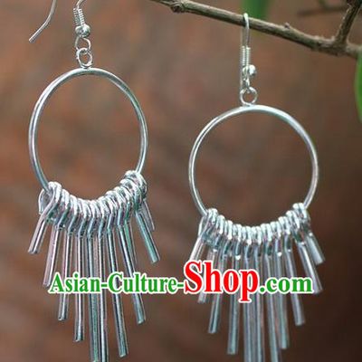 Traditional Chinese Miao Nationality Crafts Jewelry Accessory Classical Earbob Accessories, Hmong Handmade Miao Silver Exaggerated Palace Tassel Earrings, Miao Ethnic Minority Eardrop for Women