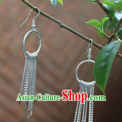 Traditional Chinese Miao Nationality Crafts Jewelry Accessory Classical Earbob Accessories, Hmong Handmade Miao Silver Exaggerated Palace Tassel Earrings, Miao Ethnic Minority Eardrop for Women