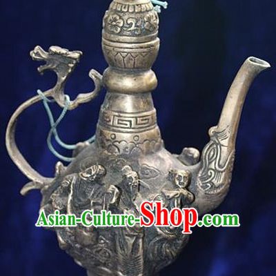Traditional Chinese Miao Nationality Crafts Decoration Accessory Bronze Flagon, Hmong Handmade Dragon Flagon Ornaments, Miao Ethnic Minority Exorcise Evil Wine Pot