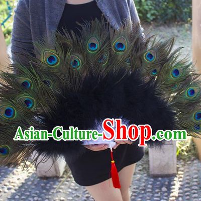 Traditional Handmade Chinese Classical Peacock Feather Fans, China Folk Dance Fan Dance Stage Performance Fan for Women