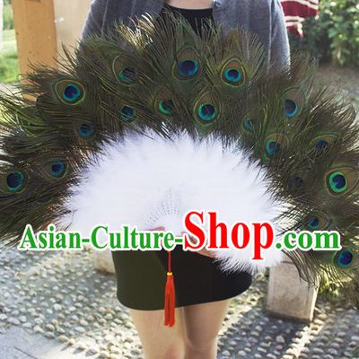 Traditional Handmade Chinese Classical Peacock Feather Fans, China Folk Dance Fan Dance Stage Performance Fan for Women