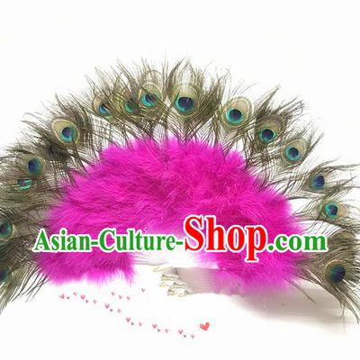 Traditional Handmade Chinese Classical Peacock Feather Fans, China Folk Dance Fan Dance Stage Performance Pink Fan for Women