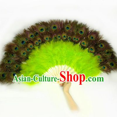 Traditional Handmade Chinese Classical Peacock Feather Fans, China Folk Dance Fan Dance Stage Performance Large Size Green Fan for Women