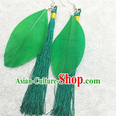 Chinese Classicla Jewelry Accessory Earbob Accessories, Handmade Green Feather Tassel Earrings Eardrop for Women