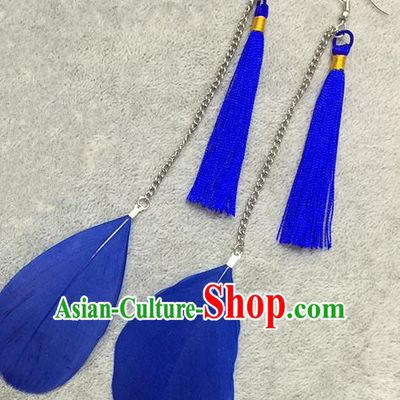 Chinese Classicla Jewelry Accessory Earbob Accessories, Handmade Royalblue Feather Tassel Earrings Eardrop for Women