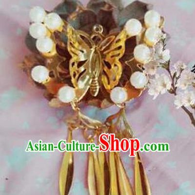 Traditional Handmade Chinese Ancient Classical Hair Accessories, Han Dynasty Barrettes Pearl Butterfly Hairpin, Hanfu Hair Sticks Tassel Hair Jewellery, Hair Fascinators Hairpins for Women
