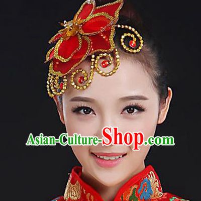 Traditional Handmade Chinese Yangge Fan Dancing Classical Hair Accessories, Folk Dance Yangko Peacock Dance Red Flower Headwear For Women