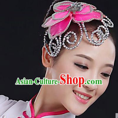 Traditional Handmade Chinese Yangge Fan Dancing Classical Hair Accessories, Folk Dance Yangko Peacock Dance Pink Flower Headwear For Women