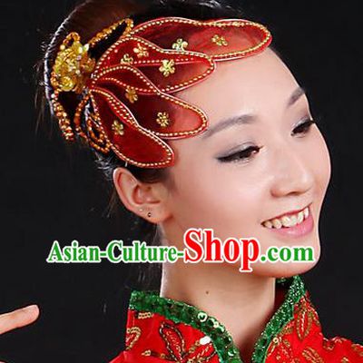 Traditional Handmade Chinese Yangge Fan Dancing Classical Hair Accessories, Folk Dance Yangko Peacock Dance Red Flower Headwear For Women