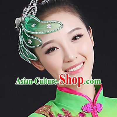 Traditional Handmade Chinese Yangge Fan Dancing Classical Hair Accessories, Folk Dance Yangko Peacock Dance Green Flower Headwear For Women