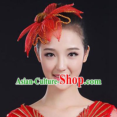 Traditional Handmade Chinese Yangge Fan Dancing Classical Hair Accessories, Folk Dance Yangko Peacock Dance Red Flower Headwear For Women