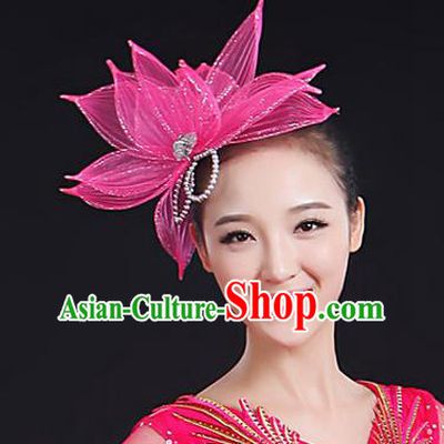 Traditional Handmade Chinese Yangge Fan Dancing Classical Hair Accessories, Folk Dance Yangko Peacock Dance Pink Lotus Flower Headwear For Women