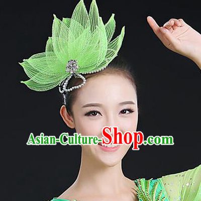 Traditional Handmade Chinese Yangge Fan Dancing Classical Hair Accessories, Folk Dance Yangko Peacock Dance Green Lotus Flower Headwear For Women