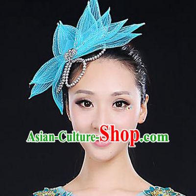 Traditional Handmade Chinese Yangge Fan Dancing Classical Hair Accessories, Folk Dance Yangko Peacock Dance Blue Lotus Flower Headwear For Women
