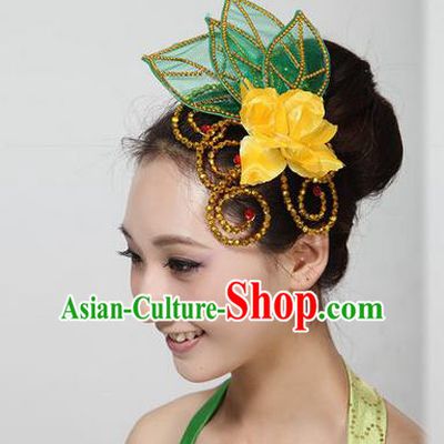 Traditional Handmade Chinese Yangge Fan Dancing Classical Hair Accessories, Folk Dance Yangko Peacock Dance Yellow Peony Headwear For Women