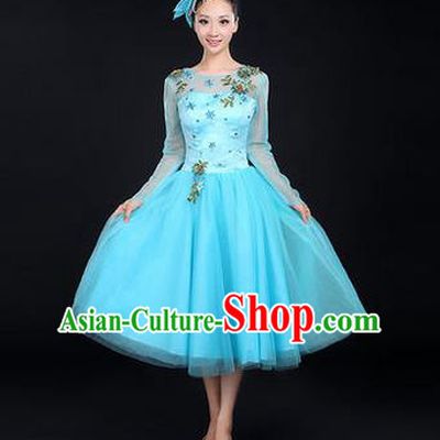 Traditional Chinese Modern Dancing Costume, Women Opening Dance Costume, Modern Dance Blue Bubble Dress for Women