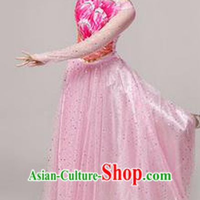 Traditional Chinese Modern Dancing Costume, Women Opening Classic Stage Performance Chorus Singing Group Dance Paillette Costume, Folk Dance Yangko Costume, Modern Dance Long Pink Peony Dress for Women
