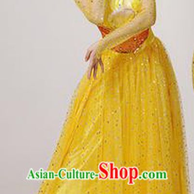 Traditional Chinese Modern Dancing Costume, Women Opening Classic Stage Performance Chorus Singing Group Dance Paillette Costume, Folk Dance Yangko Costume, Modern Dance Long Yellow Peony Dress for Women