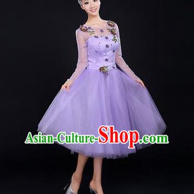 Traditional Chinese Modern Dancing Costume, Women Opening Dance Costume, Modern Dance Purple Bubble Dress for Women