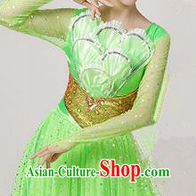 Traditional Chinese Modern Dancing Costume, Women Opening Classic Chorus Singing Group Dance Paillette Costume, Folk Dance Yangko Costume, Modern Dance Long Green Peony Dress for Women