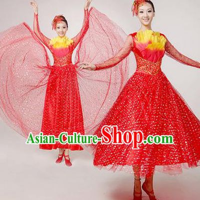 Traditional Chinese Modern Dancing Costume, Women Opening Classic Chorus Singing Group Dance Paillette Costume, Folk Dance Yangko Costume, Modern Dance Long Red Peony Dress for Women