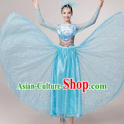 Traditional Chinese Modern Dancing Costume, Women Opening Classic Chorus Singing Group Dance Paillette Costume, Folk Dance Yangko Costume, Modern Dance Long Blue Peony Dress for Women