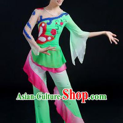 Traditional Chinese Yangge Fan Dancing Costume, Folk Dance Yangko Costume Drum Lotus Dance Green Clothing for Women