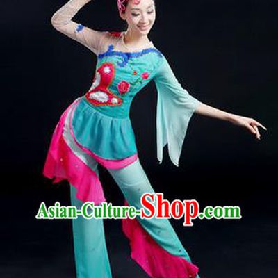 Traditional Chinese Yangge Fan Dancing Costume, Folk Dance Yangko Costume Drum Lotus Dance Blue Clothing for Women
