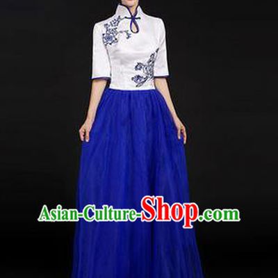 Traditional Chinese Modern Dancing Costume, Women Opening Classic Chorus Singing Group Dance Paillette Costume, Modern Dance Long Blue Mandarin Collar Dress for Women