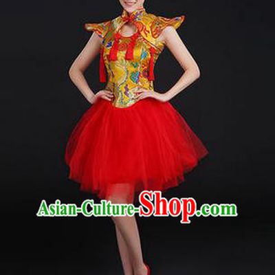 Traditional Chinese Modern Dancing Costume, Women Opening Dance Costume, Modern Dance Purple Mandarin Collar Bubble Dress for Women