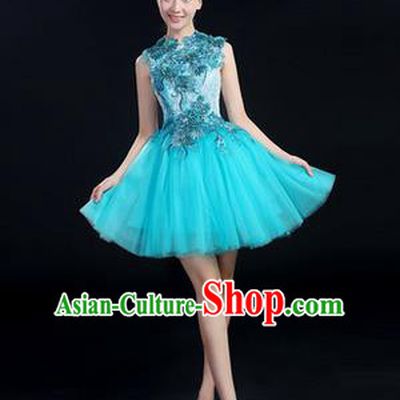 Traditional Chinese Modern Dancing Costume, Women Opening Classic Chorus Singing Group Dance Paillette Costume, Modern Dance Short Blue Bubble Dress for Women