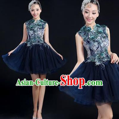 Traditional Chinese Modern Dancing Costume, Women Opening Classic Chorus Singing Group Dance Paillette Costume, Modern Dance Short Deep Blue Bubble Dress for Women